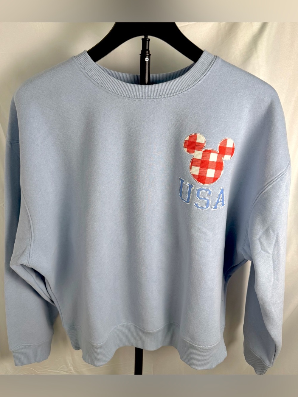 Grayson Threads Light Blue Crewneck with Red Gingham Patch sweater XS